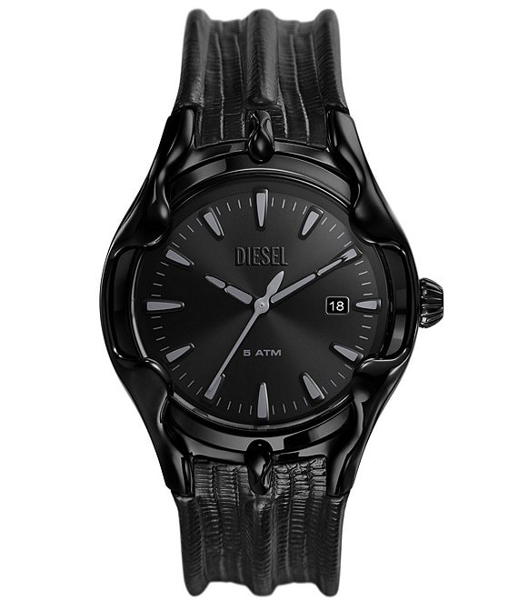 Diesel Men's Vert Three-Hand Date Black Leather Strap Watch