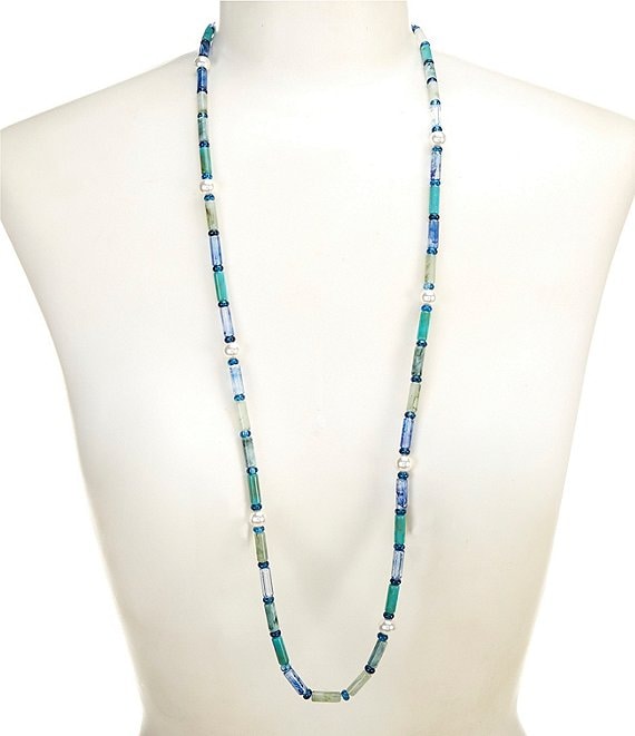 Dillard's Blue Multi Tube Bead & Pearl Station Long Strand Necklace