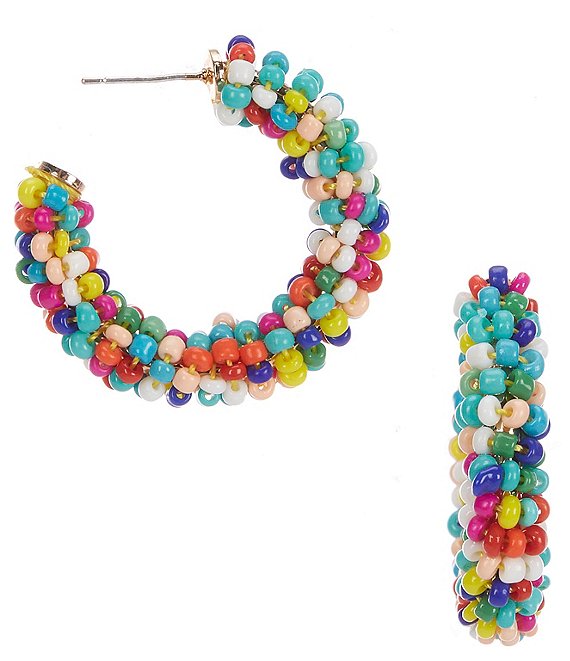Rainbow hoop earrings, Multicolor beaded rope earrings, Gold color detail •  artist Daidija • Handmade earrings ideas made by Beadwork