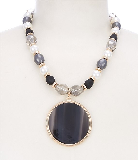Dillard's Multi Pearl & Bead Strand Jet Round Disc Short Pendant Necklace
