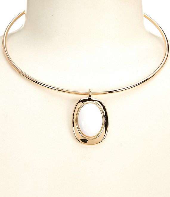 Dillard's White Resin Cab Oval Pendant Wire Collar Necklace