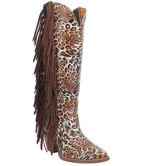 Dingo Cheetah Cowgirl Animal Print Leather Fringed Tall Western Boots