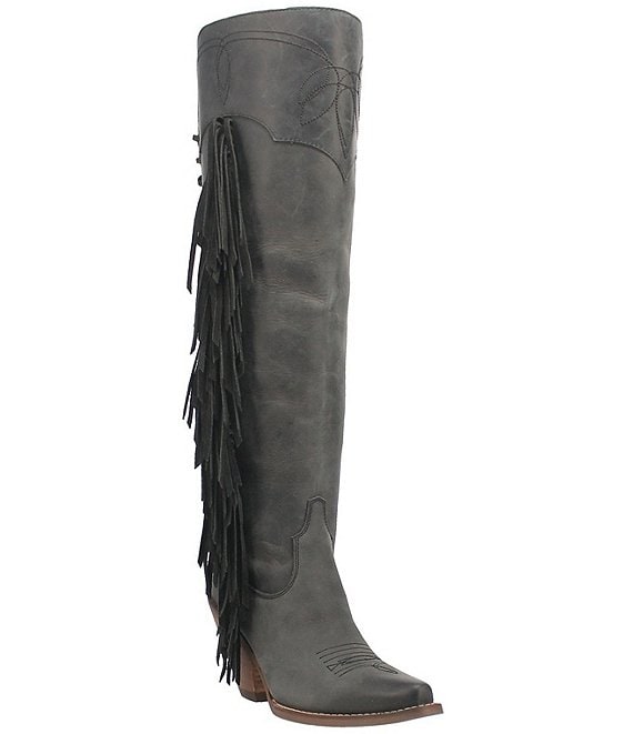 Dingo Sky High Over The Knee Distressed Leather Fringe Western Boots