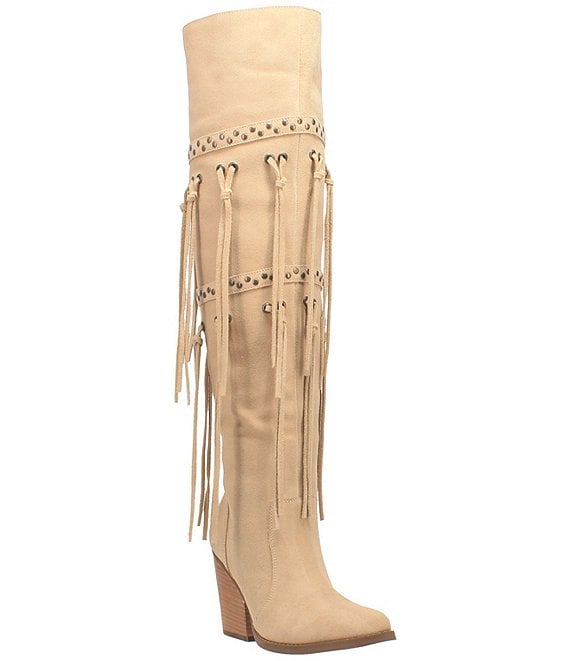 Color:Sand - Image 1 - Witchy Women Suede Studded Tasseled Over-The-Knee Western Boots