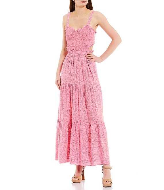 Ditsy Heart-Shape Smocked Bodice Tiered Bow Back Maxi Dress | Dillard's