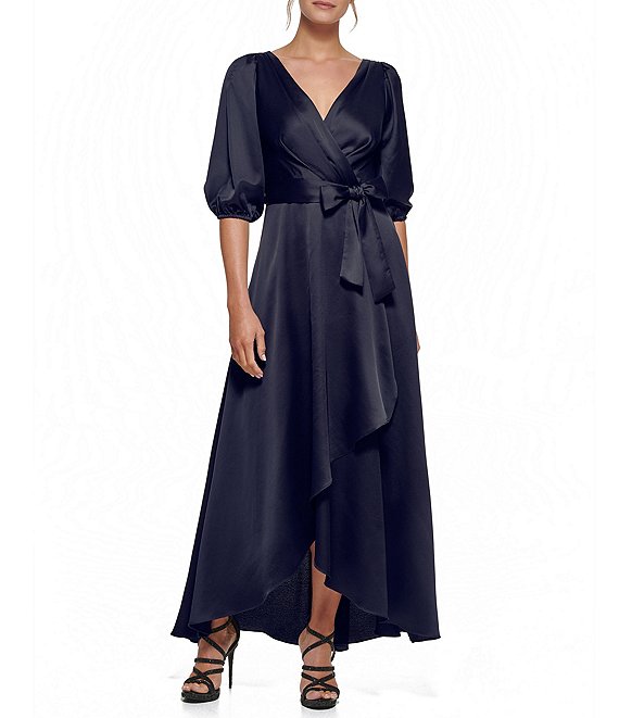 Color:Navy - Image 1 - 3/4 Balloon Sleeve Surplice V-Neck Faux Wrap Gown