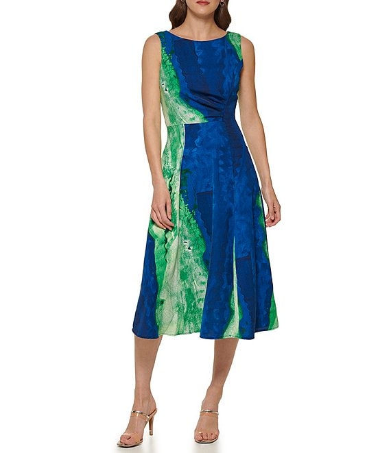 Color:Green Grass - Image 1 - Agate Printed Round Neck Sleeveless Side Ruched A-Line Midi Dress