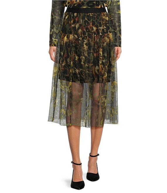 DKNY by Donna Karan Animal Print Tulle Overlay A Line Midi Skirt