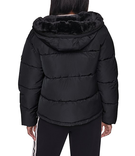 DKNY ダウンジャケット フード付き ブラック サイズ4 DKNY Attached Hoodie Faux Fur Zip Front Puffer | Dillard's