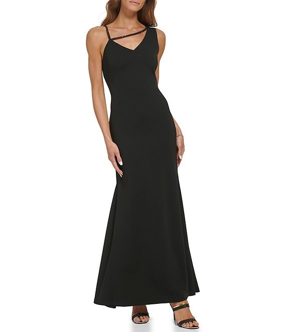 Color:Black - Image 1 - Beaded Asymmetrical Neckline Sleeveless Gown