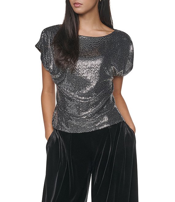 DKNY by Donna Karan Woven Mirror Scoop Neck Short Sleeve Top