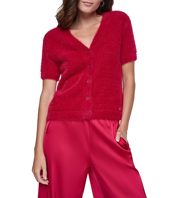 DKNY by Donna Karan Brushed V-Neck Short Sleeve Button Front Cardigan