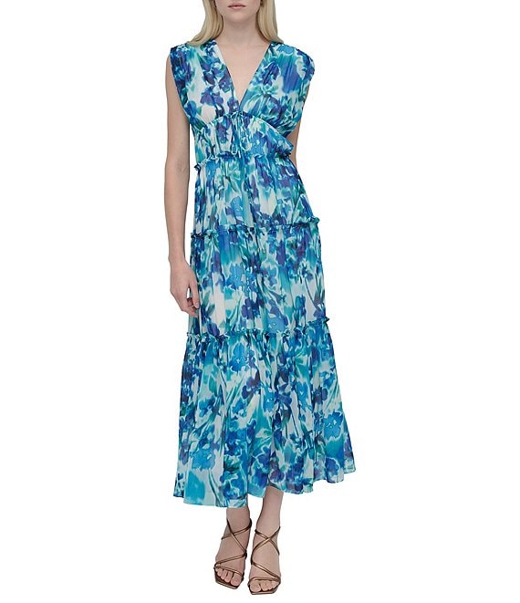 Chiffon Sleeveless Print V Neck Floral Dresses Chiffon Sleeveless Print V Neck Floral Dresses