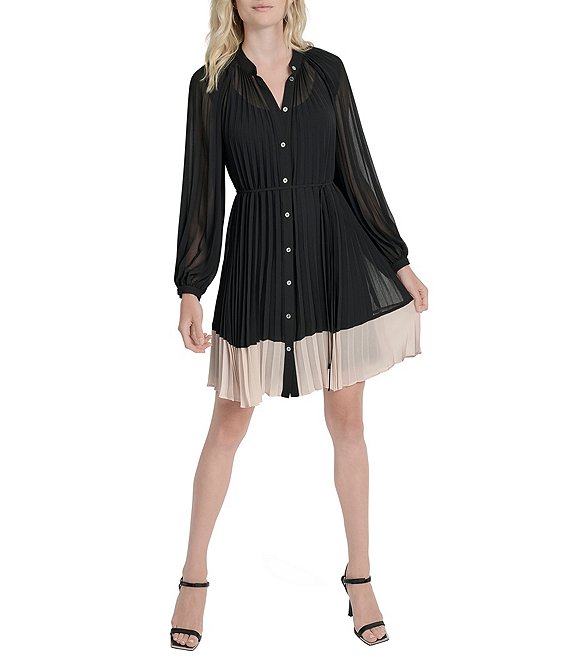 Donna Karan DKNY by Donna Karan Chiffon Long Sleeve Color Block Button Front Dress, Black/Moonlight - Image 1