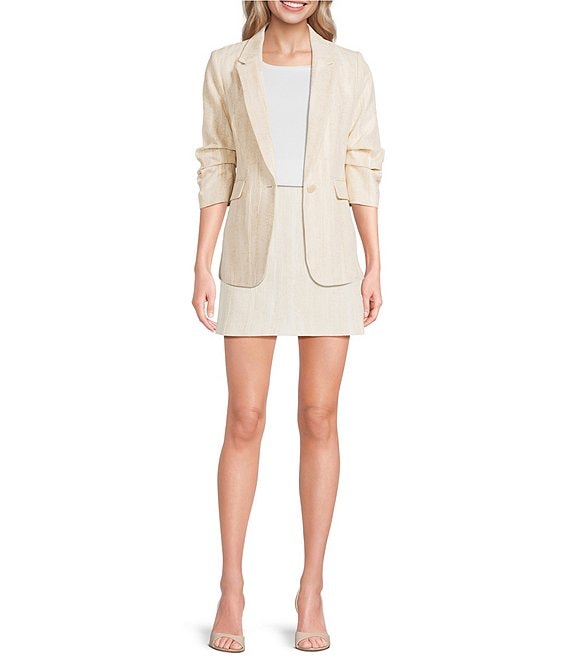 DKNY by Donna Karan Coordinating Jacquard Notch Lapel 3/4 Ruched Sleeve One Button Front Jacket
