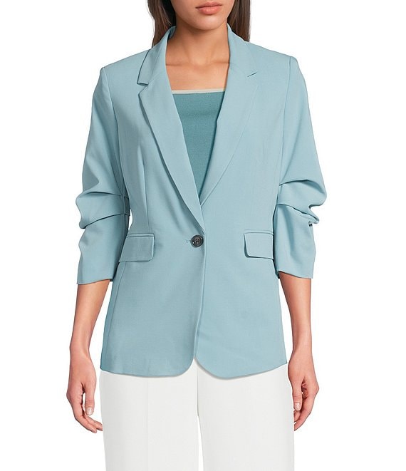 DKNY by Donna Karan Coordinating Tropical Notch Lapel 3/4 Ruched Sleeve One Button Front Jacket