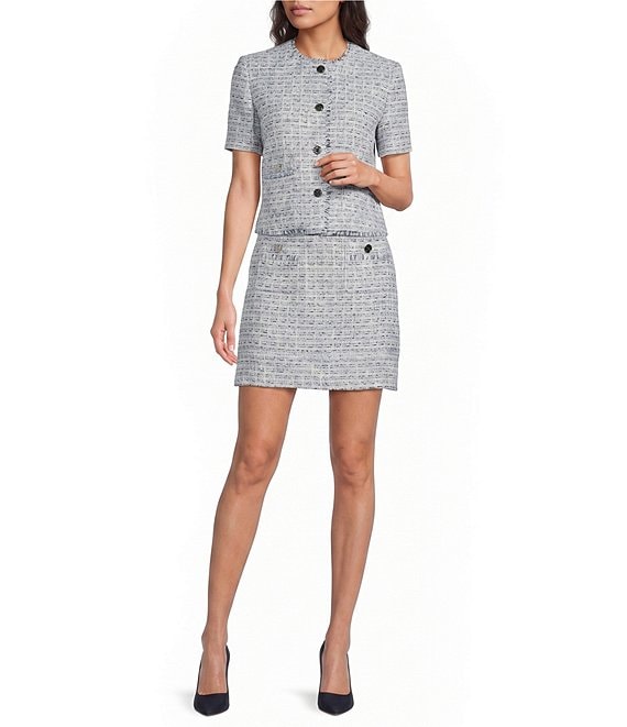 DKNY by Donna Karan Coordinating Tweed Crew Neck Short Sleeve Button Front Jacket