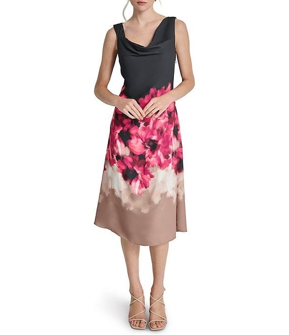 【Donna Karan New York】Floral Cotton Midi A-Line Dress Donna Karan New York Sleeveless Floral Stretch Cotton Midi