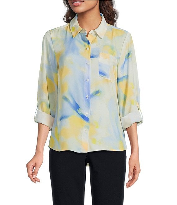DKNY by Donna Karan Georgette Point Collar 3/4 Roll-Tab Sleeve Button Front Shirt