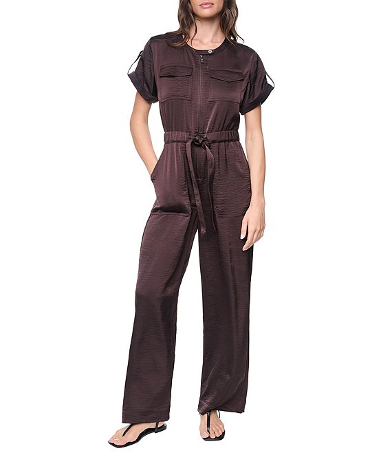 DKNY by Donna Karan Glazed Dressing Crew Neck Short Roll-Tab Sleeve Zip Front Jumpsuit