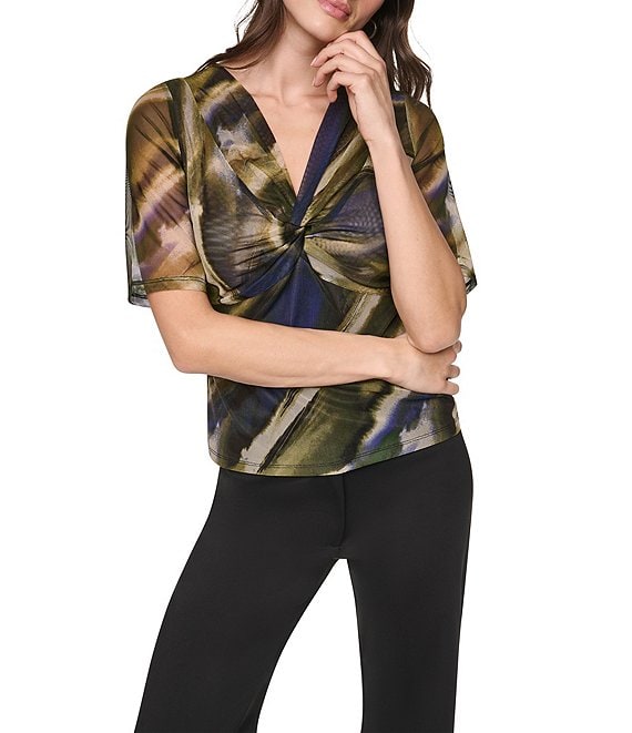 DKNY by Donna Karan Knit Mesh Multi Print V-Neck Short Sleeve Top