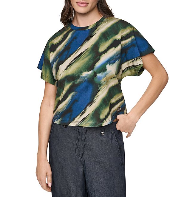 DKNY by Donna Karan Knit Multi Print Crew Neck Short Sleeve Pullover Shirt