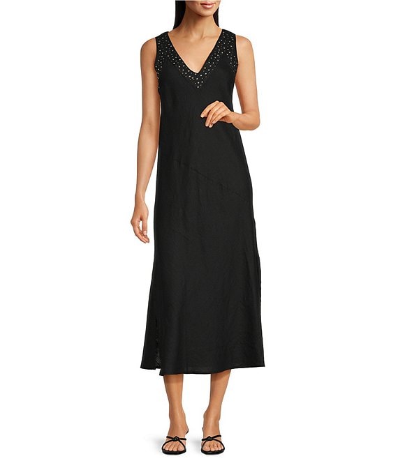 【Donna Karan New York】Sleeveless SideTie Jersey Midi Dress DKNY by Donna Karan Linen Studded V-Neck Sleeveless Midi