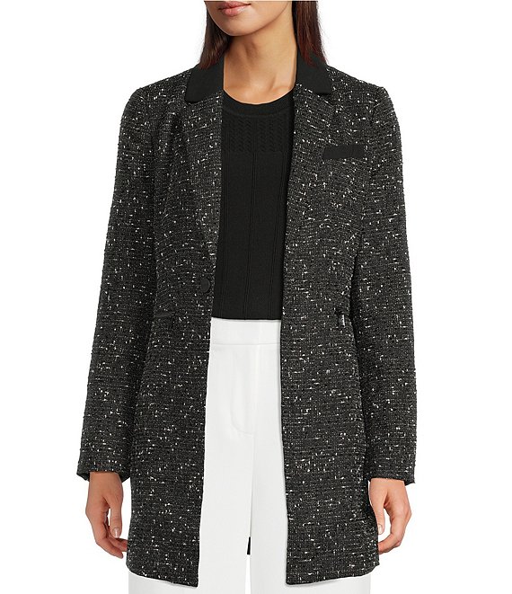Donna Karan DKNY by Donna Karan Platt Tweed Notch Collar Long Sleeve One Button Topper, Black/Ivory - Image 1