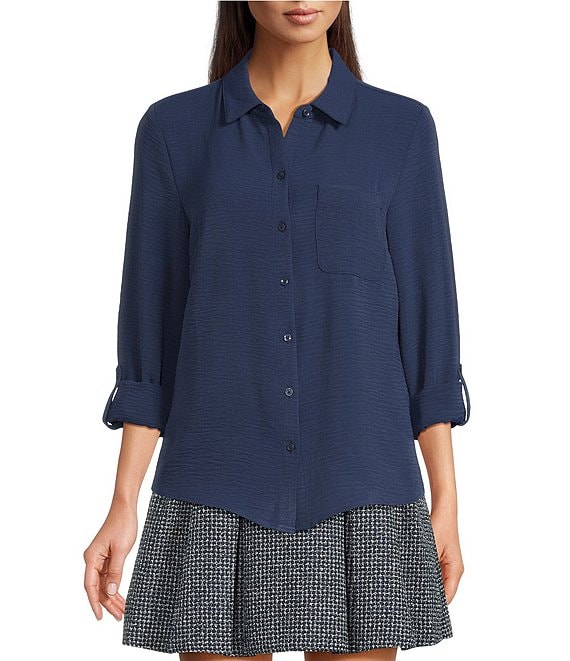 DKNY by Donna Karan Point Collar Long Roll-Tab Sleeve Button Front Blouse