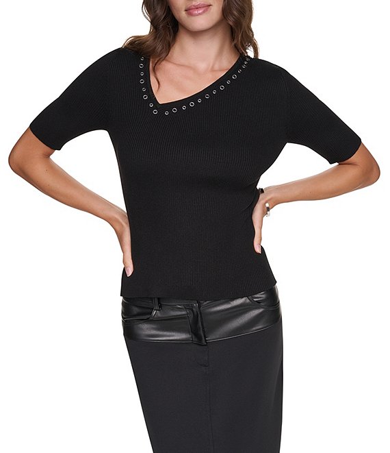 DKNY by Donna Karan Ribbed Knit Studded Asymmetric Neck Short Sleeve Sweater Top