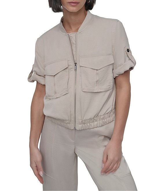 100％本物 Donna by DKNY Karan Jacket Front Zip Tab Roll Sleeve Short トップス
