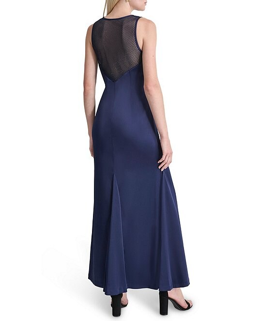 dkny gowns & formal dresses by Donna Karan Sleeveless Rhinestone Mesh Crew Neck Gown, Womens, 2, Spring Navy kleider