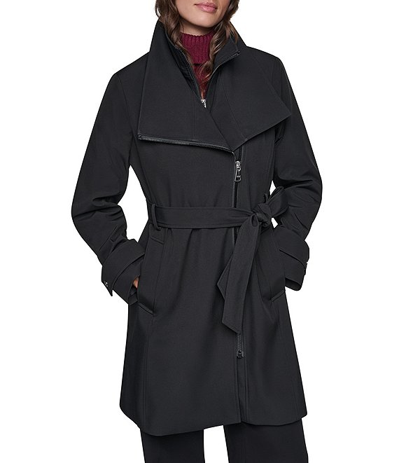 DKNY by Donna Karan Softshell Stand Collar Asymmetrical Zip Trench Coat