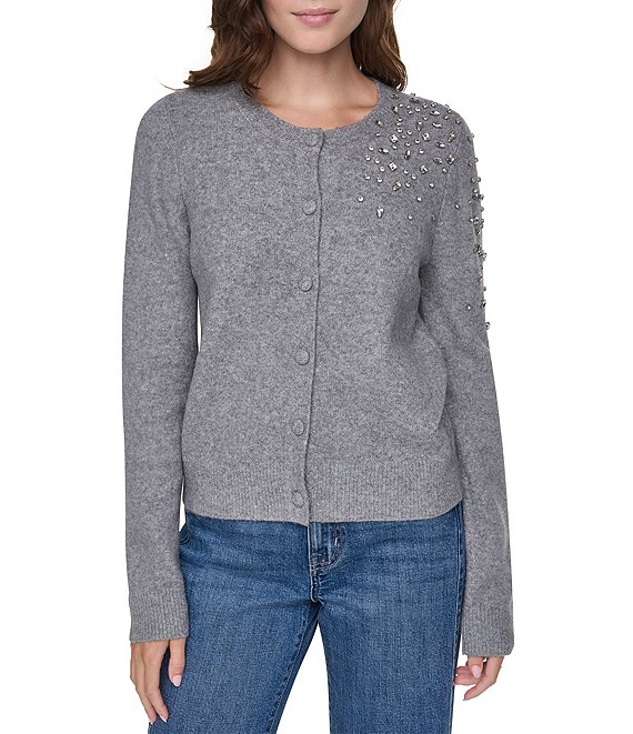 DKNY by Donna Karan Solid Crew Neck Long Sleeve Rhinestone Button Front Cardigan
