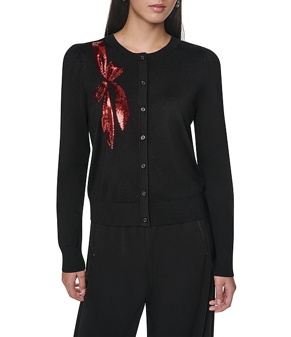 DKNY by Donna Karan Spun Knit Sequin Bow Crew Neck Long Sleeve Sweater Top