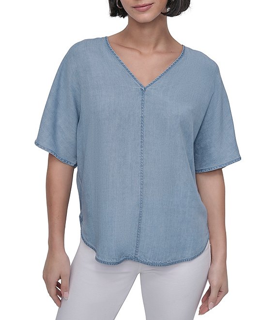 DKNY by Donna Karan Tencel V-Neck Short Sleeve Tunic | Dillard's