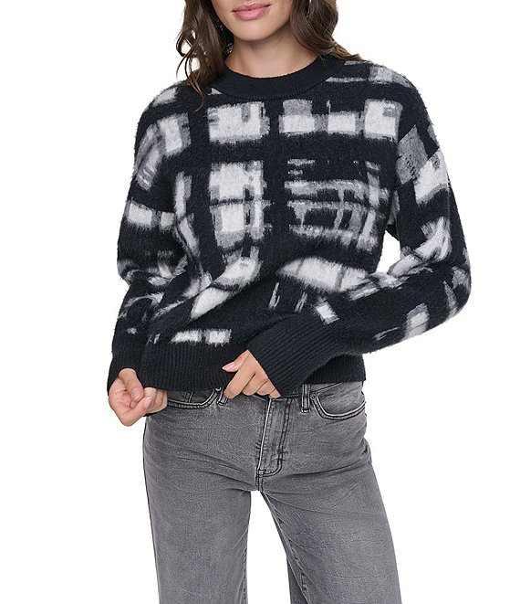 DKNY by Donna Karan Woven Brushed Plaid Crew Neck Long Sleeve Sweater Top