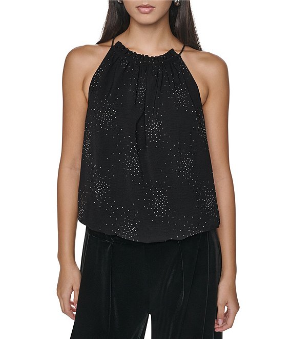 DKNY by Donna Karan Woven Firework Embellished Halter Neck Sleeveless Top