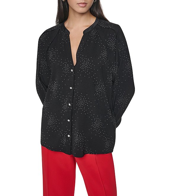 DKNY by Donna Karan Woven Firework Embellishment Long Sleeve Button Front Blouse