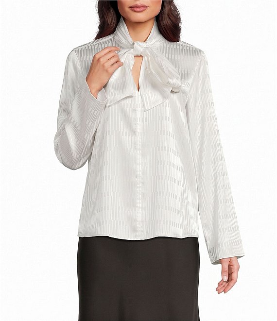 DKNY by Donna Karan Woven Jacquard Tie Neck Long Sleeve Pullover Blouse