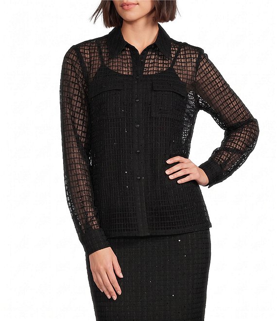 DKNY by Donna Karan Woven Mesh Sequin Point Collar Long Sleeve Button Front Shirt