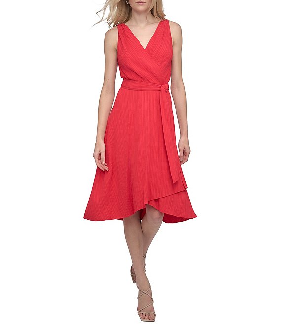 DKNY by Donna Karan Woven V Neck Sleeveless Wrap Dress