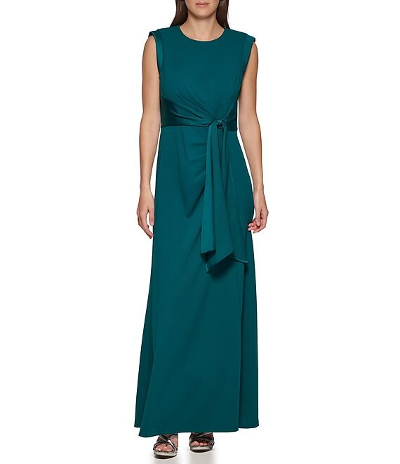 Color:forest green - Image 1 - Cap Sleeve Crew Neck Mixed Media Tie Waist Gown
