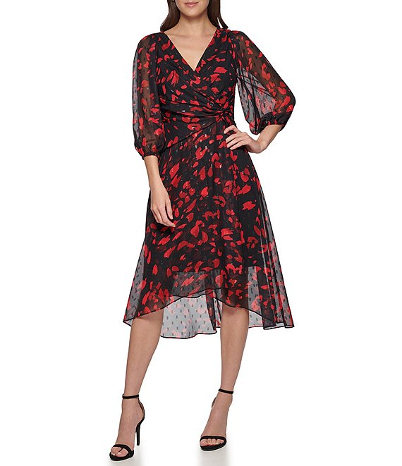 Color:Black/Red - Image 1 - Chiffon V-Neck Long Sleeve Faux Wrap Dress