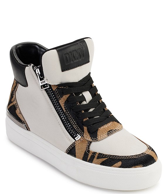 DKNY Cindell High-Top Tiger Print Trim Lace-Up Sneakers