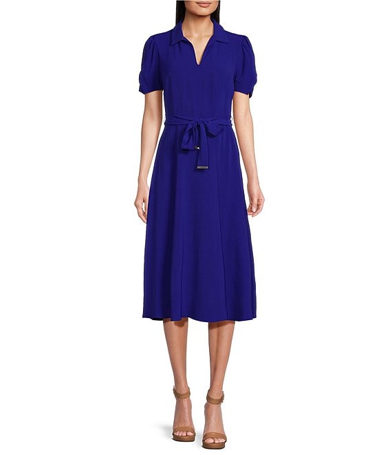 DKNY Short Sleeve Collared V Neckline Short Puff Sleeve Midi Dress ...