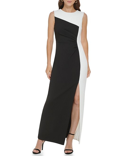 Color:Black Cloud - Image 1 - Color Blocked Sleeveless Pleated Front Slit Gown