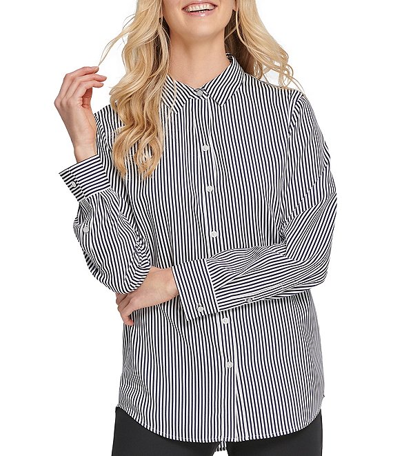 DKNY Contrast Stripe Print Point Collar Long Sleeve Button Front Crepe ...