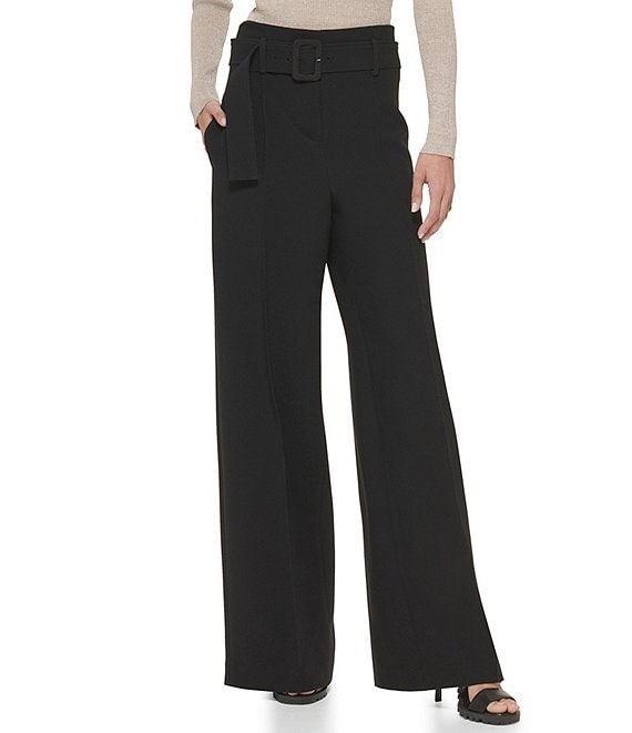 DKNY Double Weave Flat Front Wide Leg Belted Pants | Dillard's
