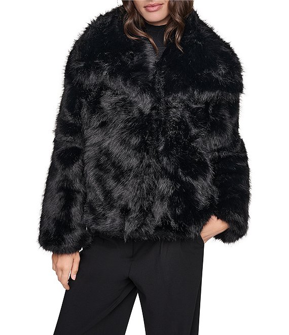 DKNY Faux Fur Wing Collar Oversize Fit Short Moto Jacket